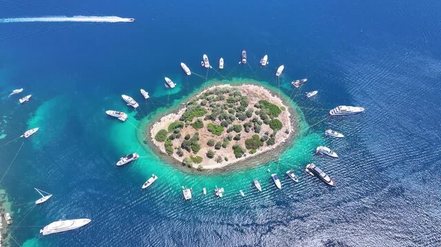 Bodrum Turkbuku Beach and Island Drone Video, Summer Season in the Turkbuku Beach, Bodrum Mugla, Turkiye (Turkey)