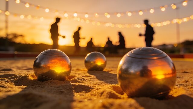 Three polished metal bocce balls sit on a sandy court reflecting the warm golden sunset light while friends enjoy an outdoor game in the evening light