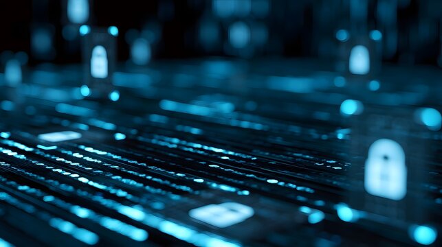Digital lock icons glow over rows of illuminated keyboard keys in a cool blue toned tech interface