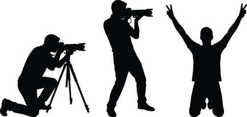 Photographer silhouettes set, paparazzi shooting with camera and tripod, celebrating man © VectoStudio