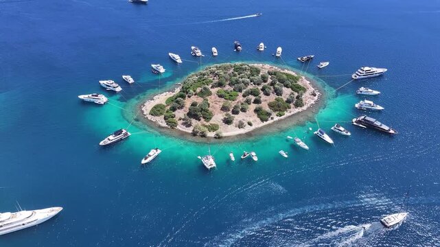 Bodrum Turkbuku Beach and Island Drone Video, Summer Season in the Turkbuku Beach, Bodrum Mugla, Turkiye (Turkey)
