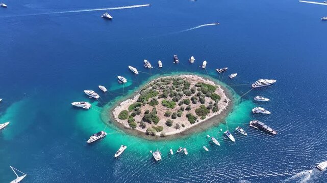 Bodrum Turkbuku Beach and Island Drone Video, Summer Season in the Turkbuku Beach, Bodrum Mugla, Turkiye (Turkey)