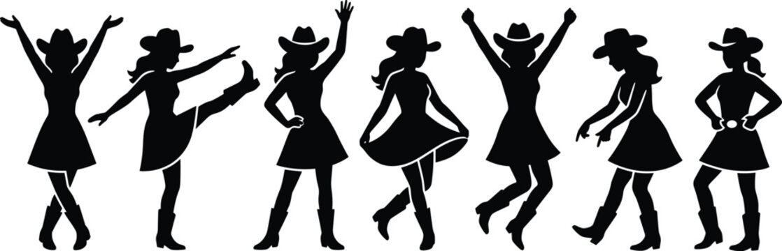 Cowgirl silhouettes set, country western dancing women in hats and boots, vector