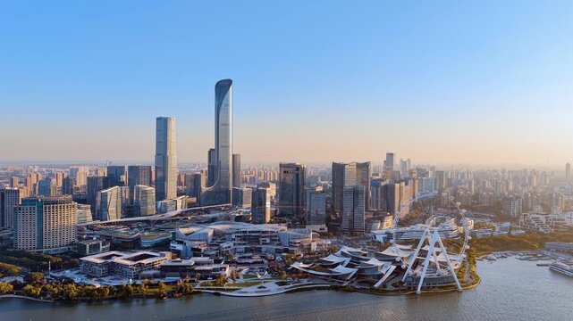 Aerial view of the skyline and Ferris wheel along Jinji Lake in Suzhou, Jiangsu Province, China