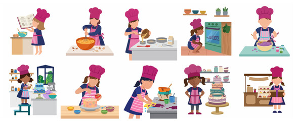 Fototapeta premium Cute little girl chef character set baking and decorating cakes in the kitchen vector illustration