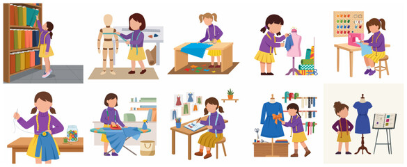 Fototapeta premium Set of illustrations of a little girl fashion designer, child tailor sewing, sketching, and measuring clothes in a workshop