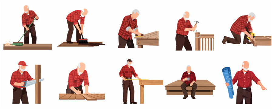 Senior man building wooden deck character set for DIY home improvement and carpentry projects