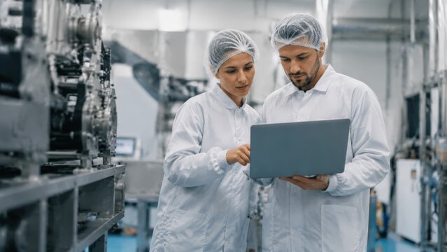 Male and female technicians in protective coats and hairnets review production data together on laptop in bright food processing plant, with stainless steel machinery, conveyors, and careful quality