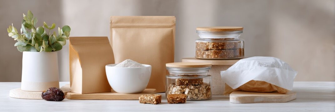 Clean label date snack packaging with jars bowls and kraft pouches for natural product display background and healthy food packaging design