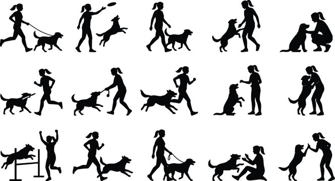 Woman and dog silhouettes vector, female pet owner training active puppy set