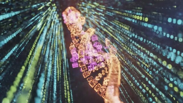 Abstract data visualization of DNA strand in a stream of binary code streaming futuristic technology