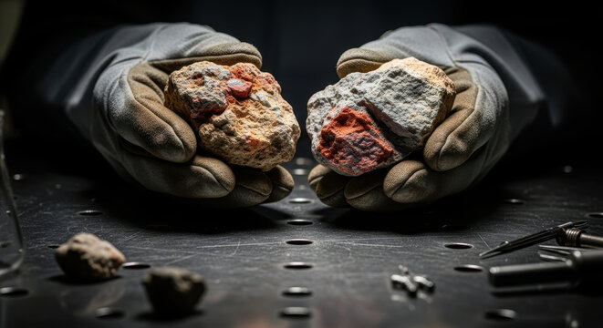Rare earth elements are found in these rough mineral rocks held by gloved hands in dark industrial setting with tools nearby