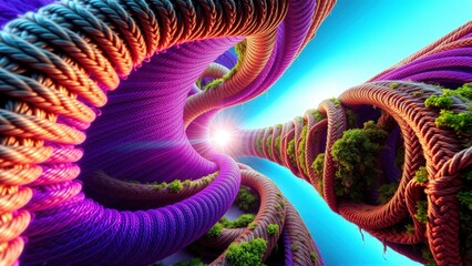Fototapeta premium Vibrant twisting tunnels converge. Bright light emanates from center. Lush vegetation lines interior walls, creating surreal landscape.