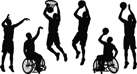 Basketball players and wheelchair basketball silhouettes set, adaptive sports vector illustration, para athlete action © VectoStudio
