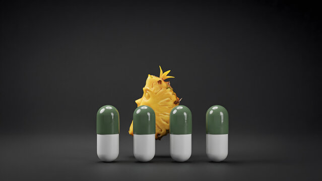 A row of four green and white medical capsules with a slice of fresh pineapple