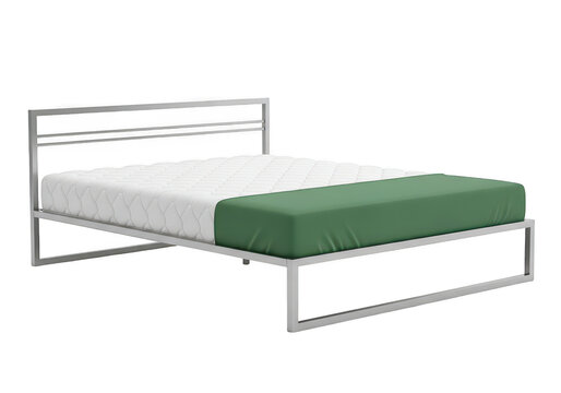Modern metal frame bed with white mattress.