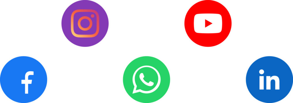 Set of five social media network logos including instagram youtube facebook whatsapp linked.