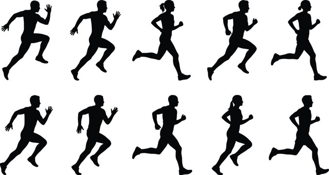 Running people silhouettes set, marathon runners sprinting action, fitness cardio workout vector illustration