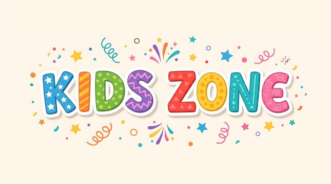 
Colorful Kids Zone sign with festive decorations and confetti on cream background
