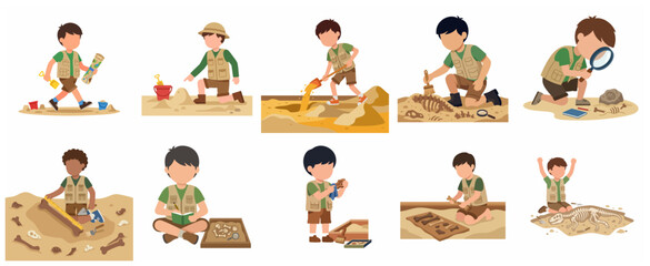 Little kids paleontologists and archaeologists excavating dinosaur fossils and bones. Young explorers children learning archaeology with scientific tools vector illustration set. © Haimura