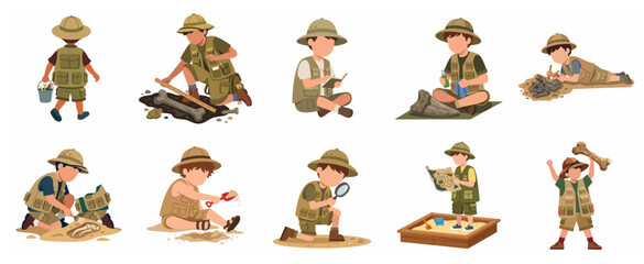 Set of young paleontologist and archaeologist kids exploring dinosaur fossils and bones © Haimura