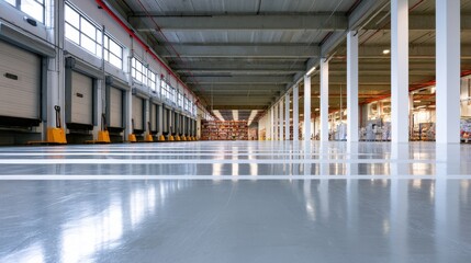 Obraz premium Large empty modern industrial warehouse with shiny polished concrete floors and multiple loading dock doors