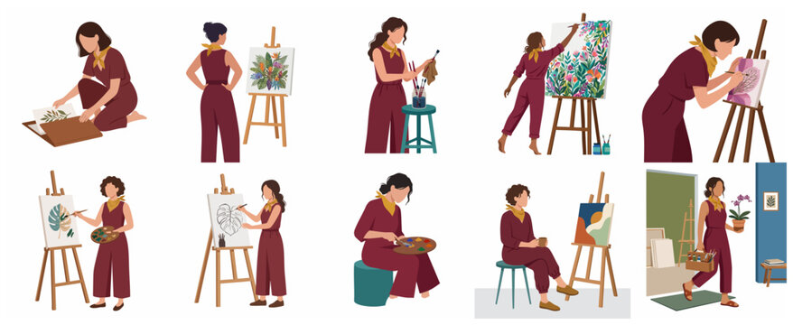 Collection of Female Artist Illustrations Painting on Canvas and Working in Studio