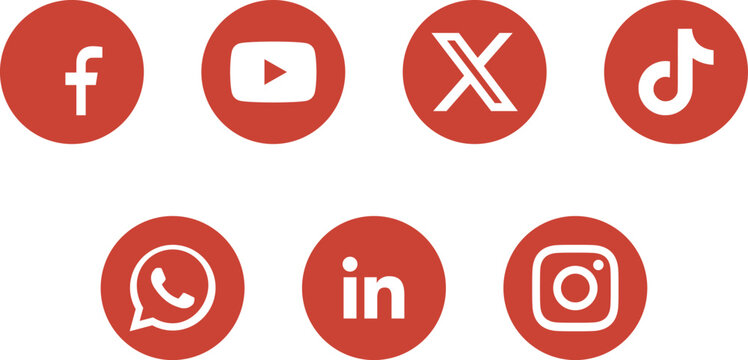 Red social media icon set with facebook youtube x tiktok whatsapp linkedin and instagram.