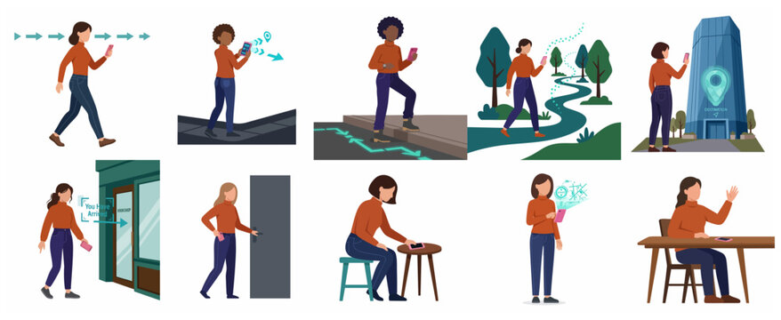 Collection of women using smartphone navigation apps and augmented reality for wayfinding in various urban and indoor settings