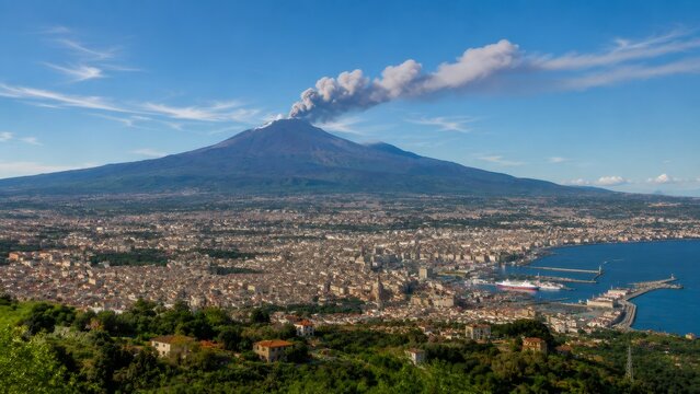 Mount etna erupting smoke over catania city and ionian sea