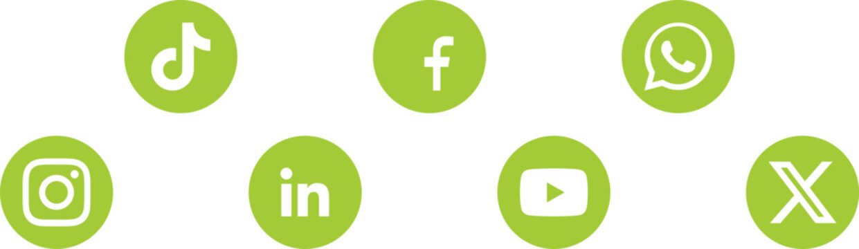 Social media icons collection with tiktok facebook whatsapp and instagram in green circles.