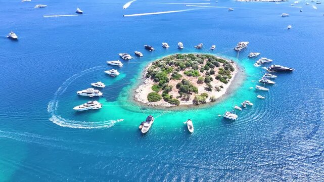 Bodrum Turkbuku Beach and Island Drone Video, Summer Season in the Turkbuku Beach, Bodrum Mugla, Turkiye (Turkey)