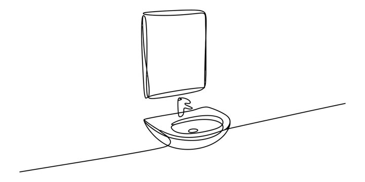 Continuous single line drawing of a bathroom sink with a mirror above it Vector, illustration