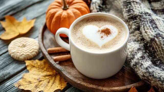 Cozy autumn scene with a heart-topped latte on a wooden tray surrounded by pumpkin, cinnamon, cookie, knit blanket, and fall leaves