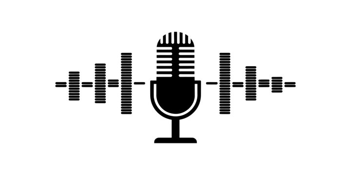 Black microphone icon with sound waves symbol for podcast and audio recording isolated on a white background Vector, illustration