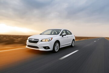 Fototapeta premium The White Sedan Driving Down an Open Highway at Sunset