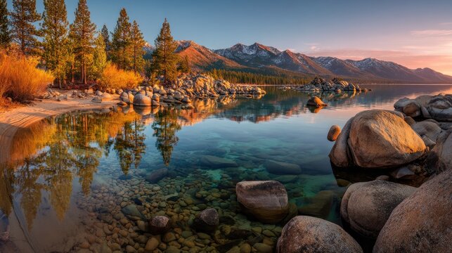 Breathtaking sunset landscape of a crystal clear lake with mountain reflections