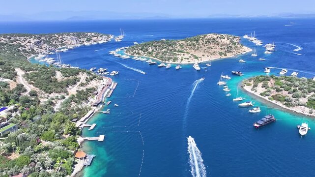 Bodrum Turkbuku Beach and Island Drone Video, Summer Season in the Turkbuku Beach, Bodrum Mugla, Turkiye (Turkey)