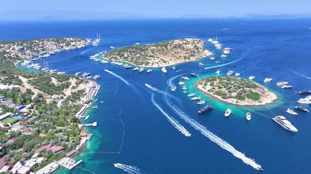 Bodrum Turkbuku Beach and Island Drone Video, Summer Season in the Turkbuku Beach, Bodrum Mugla, Turkiye (Turkey)