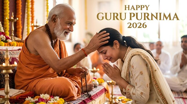 Happy Guru Purnima: Guru Blessing Devotee, Spiritual Gratitude, Respectful Connection