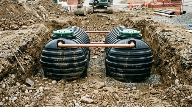 Two black plastic septic tanks installed in a deep trench at a construction site