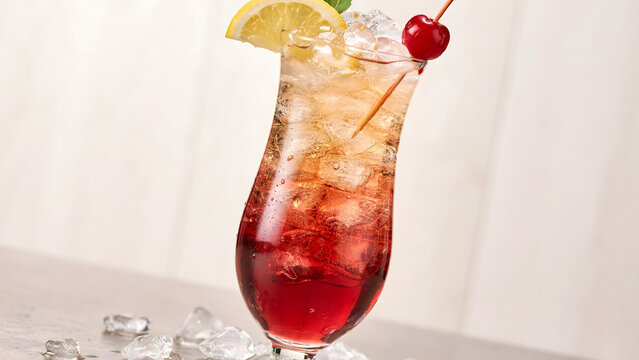 A refreshing red cocktail drink with ice cubes and a slice of lemon garnish