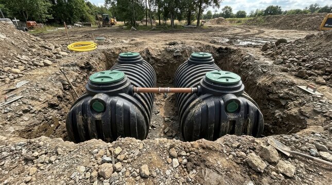 Two black plastic septic tanks installed in an excavated construction site