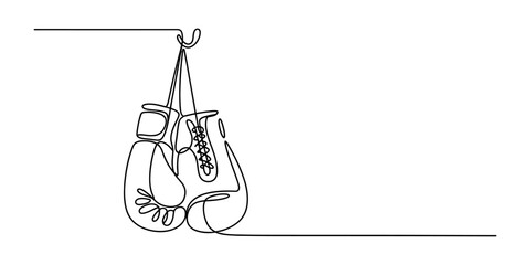 Obraz premium Continuous single line drawing of a pair of boxing gloves hanging together for fitness sport training and active combat equipment design concept Vector, illustration
