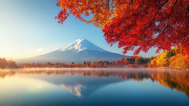 Snow-capped volcanic mountain reflected in a calm lake framed by vibrant red autumn maple foliage at sunrise, serene misty landscape