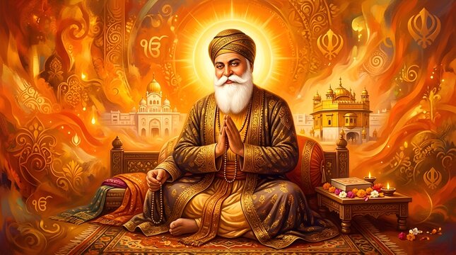 Guru Nanak Dev Ji Radiant Portrait, Sikhism Spiritual Icon, Golden Temple Background