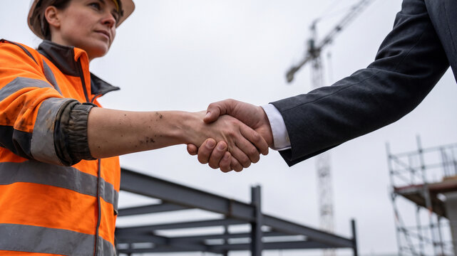 Business handshake between engineer and executive at construction site