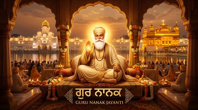 Guru Nanak Dev Ji Seated in Meditation, Golden Temple Background | Guru Nanak Jayanti