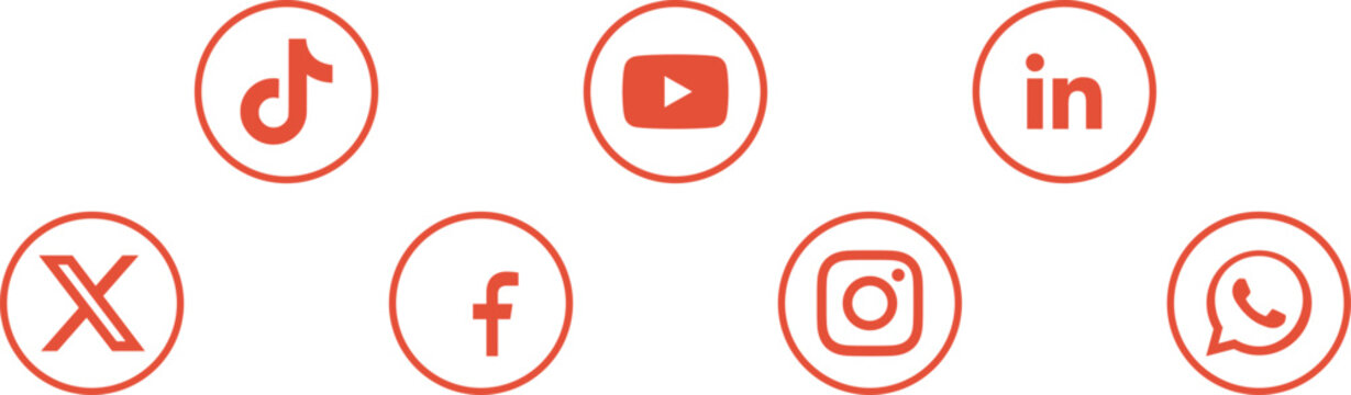 Red outline social media icons organized in two rows for modern clean web user interface ui.
