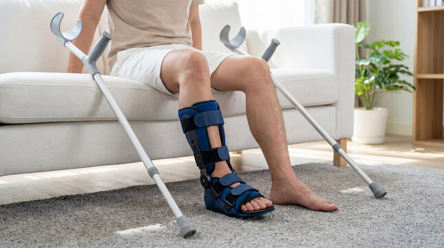Adult male recovering from a leg injury, sitting on a sofa with a walking boot and crutches in his living room